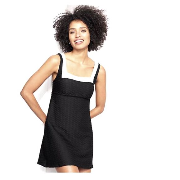 Lands' End swimsuit $135 new nwt s black Texture Square Neck modest Swim Dress
